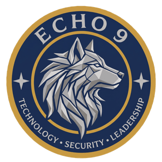 Echo 9 seal: a polygonal silver wolf on a navy field, ringed in gold.